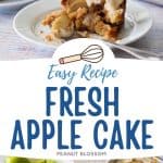 The photo collage shows a close-up picture of the fresh apple cake with layers of fresh apples and frosting next to a photo of the sheet cake next to a bowl of apples.