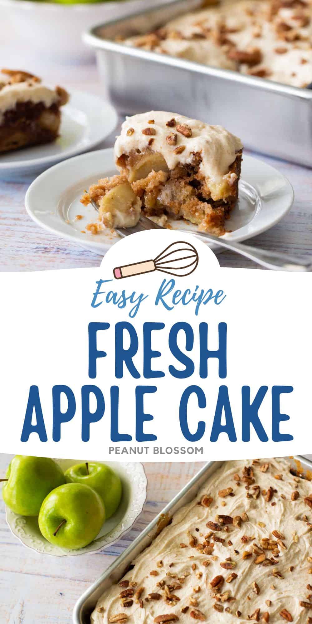 The photo collage shows a close-up picture of the fresh apple cake with layers of fresh apples and frosting next to a photo of the sheet cake next to a bowl of apples.