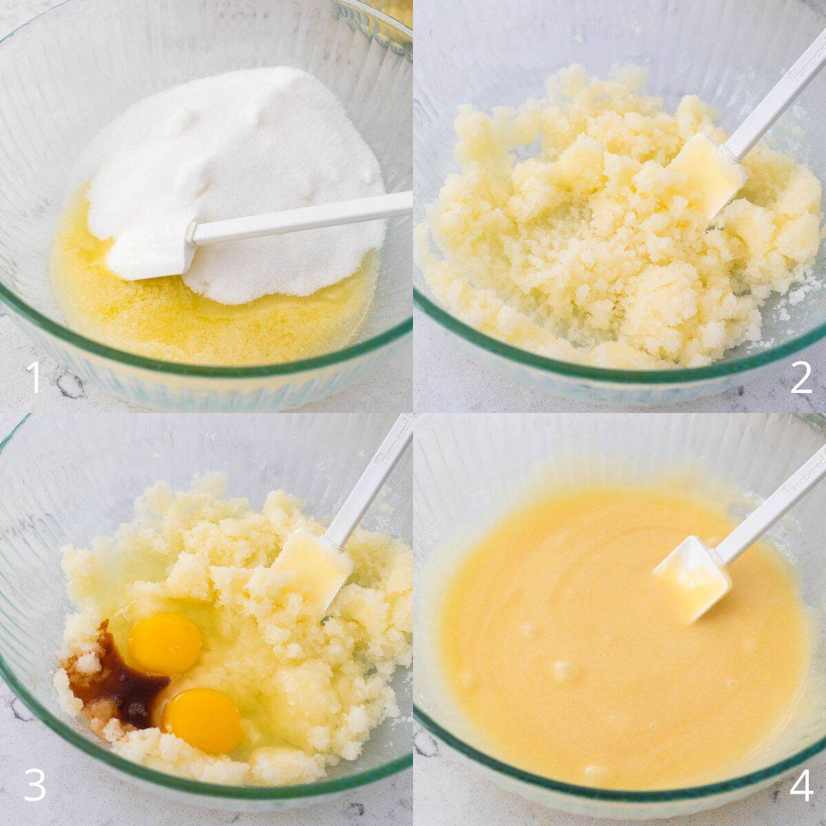 The step by step photos show how to mix the butter and sugar and then add the eggs and vanilla.