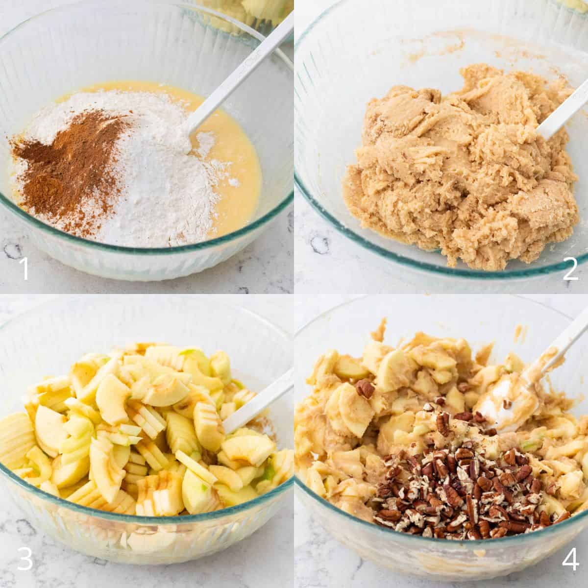 The step by step photos show how to add the flour, apples, and pecans.