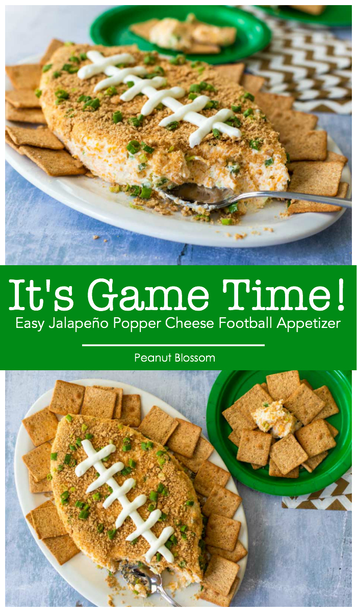 Easy make-ahead jalapeno cheese ball appetizer for game day! This adorable football cheese ball is perfect for bringing to your next tailgate.