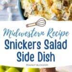 The sweet, creamy candy and pudding salad in a bowl next to a photo of the ingredients needed to make it.