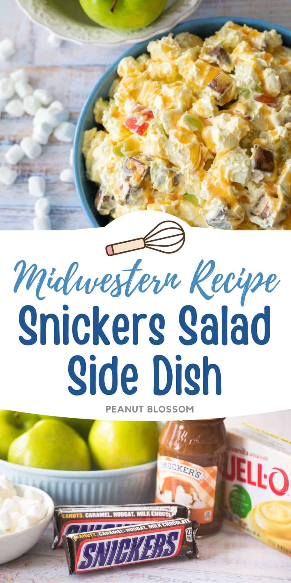 The sweet, creamy candy and pudding salad in a bowl next to a photo of the ingredients needed to make it.
