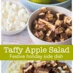A snickers salad next to a bowl of apples.