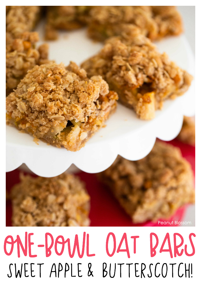 Easy one-bowl apple butterscotch bars made with fresh apples, butterscotch chips, and an crumble oat crust.