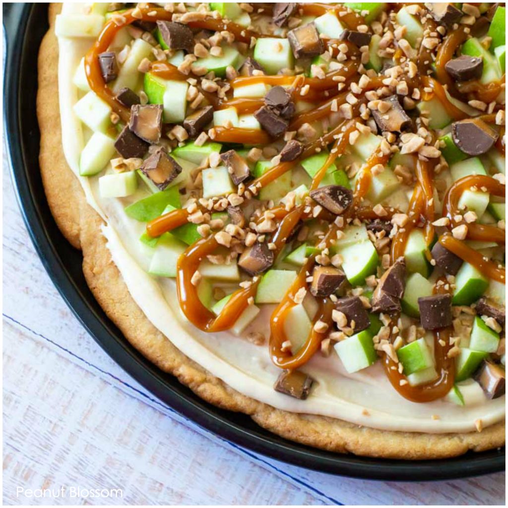 Easy to bake caramel apple pizza for a fun fall dessert.