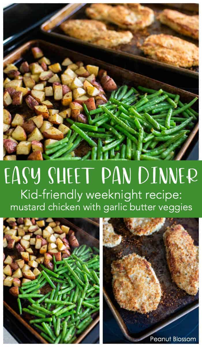 The sheet pan is filled with green beans, potatoes, and chiken.