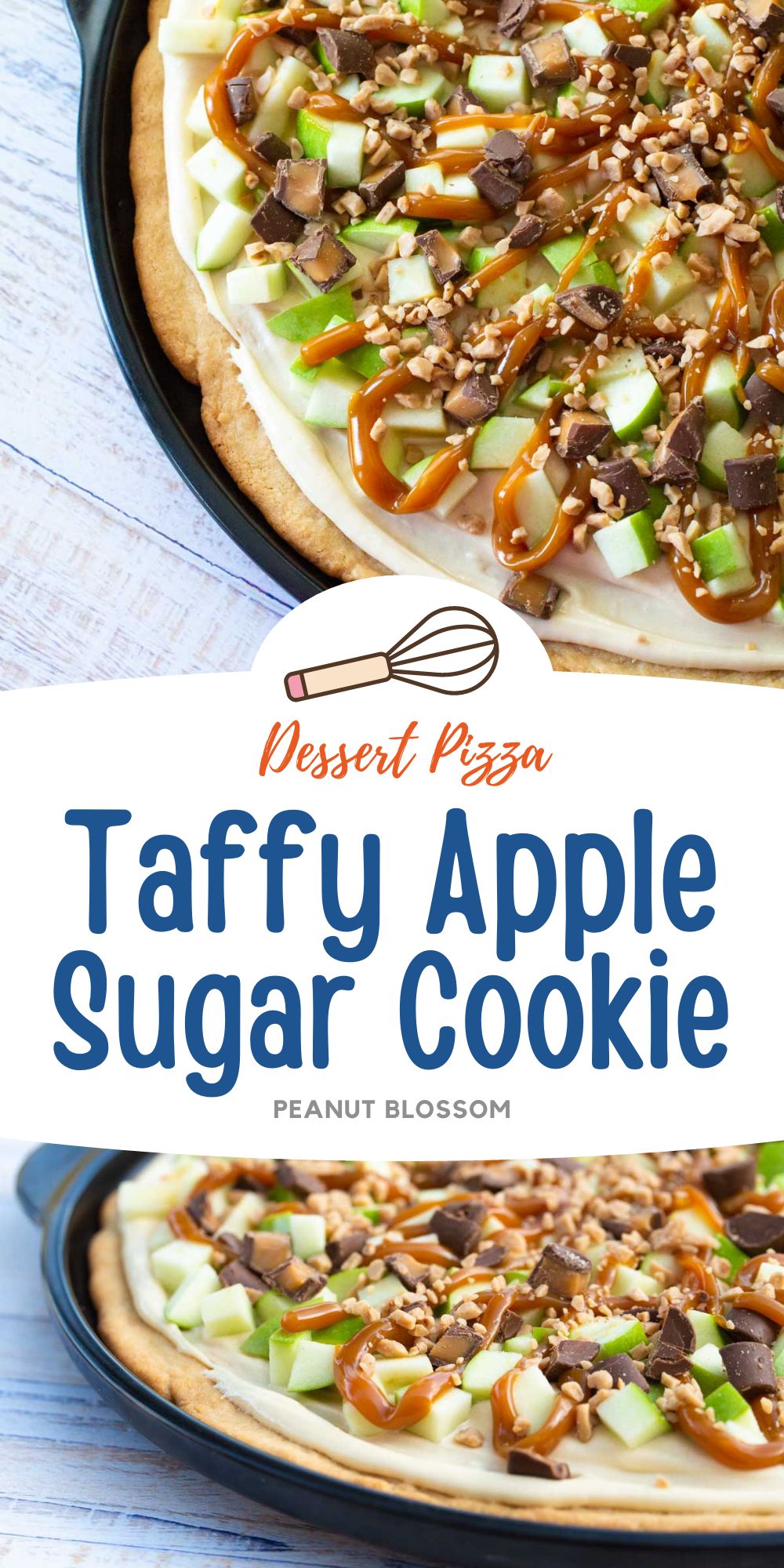 The photo collage shows the caramel apple sugar cookie pizza from the top so you can see the chopped apples and caramel drizzle next to a photo of it from the side so you can see the crust on the bottom.