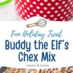 The photo collage shows the chex mix on a baking pan and served in a red and white polka dotted container.