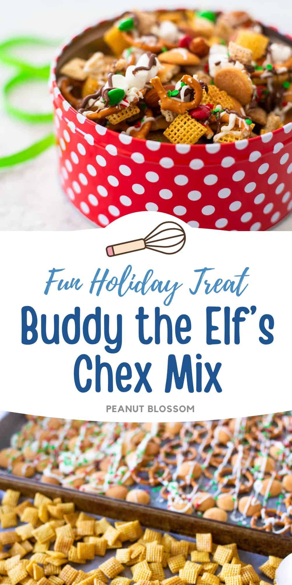 The photo collage shows the chex mix on a baking pan and served in a red and white polka dotted container.