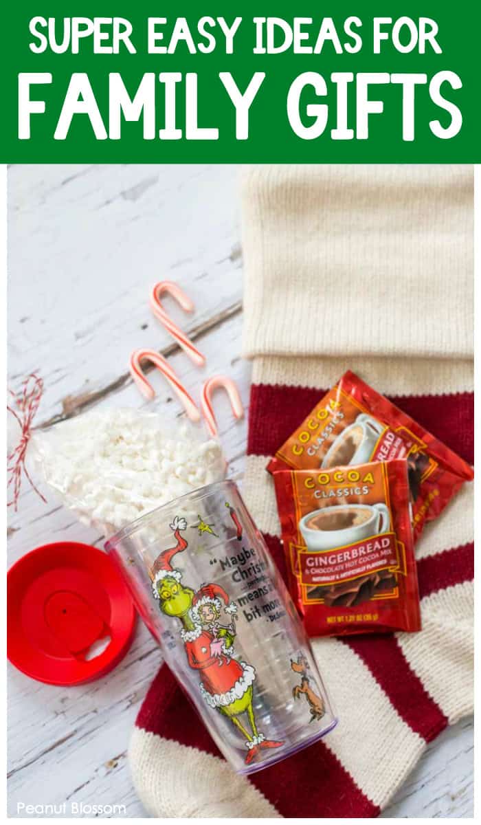 Super easy ideas for family gifts: Give them a hot cocoa kit tucked inside their stocking!