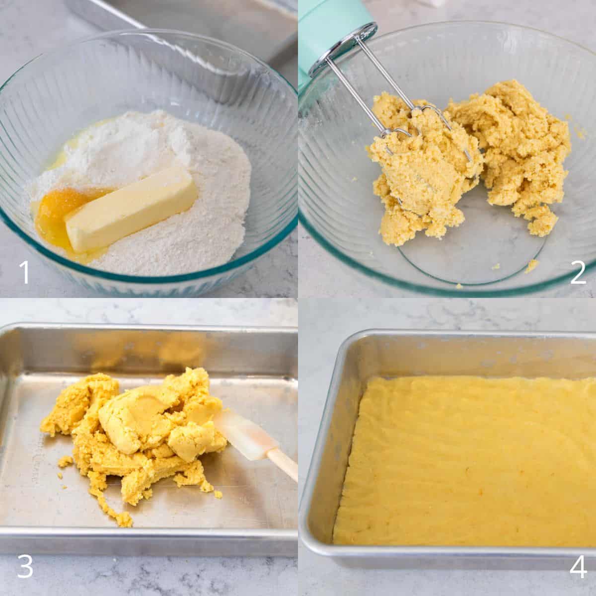 The step by step photos show how to beat the butter and cake mix together to form the crust and pat it into a baking pan.