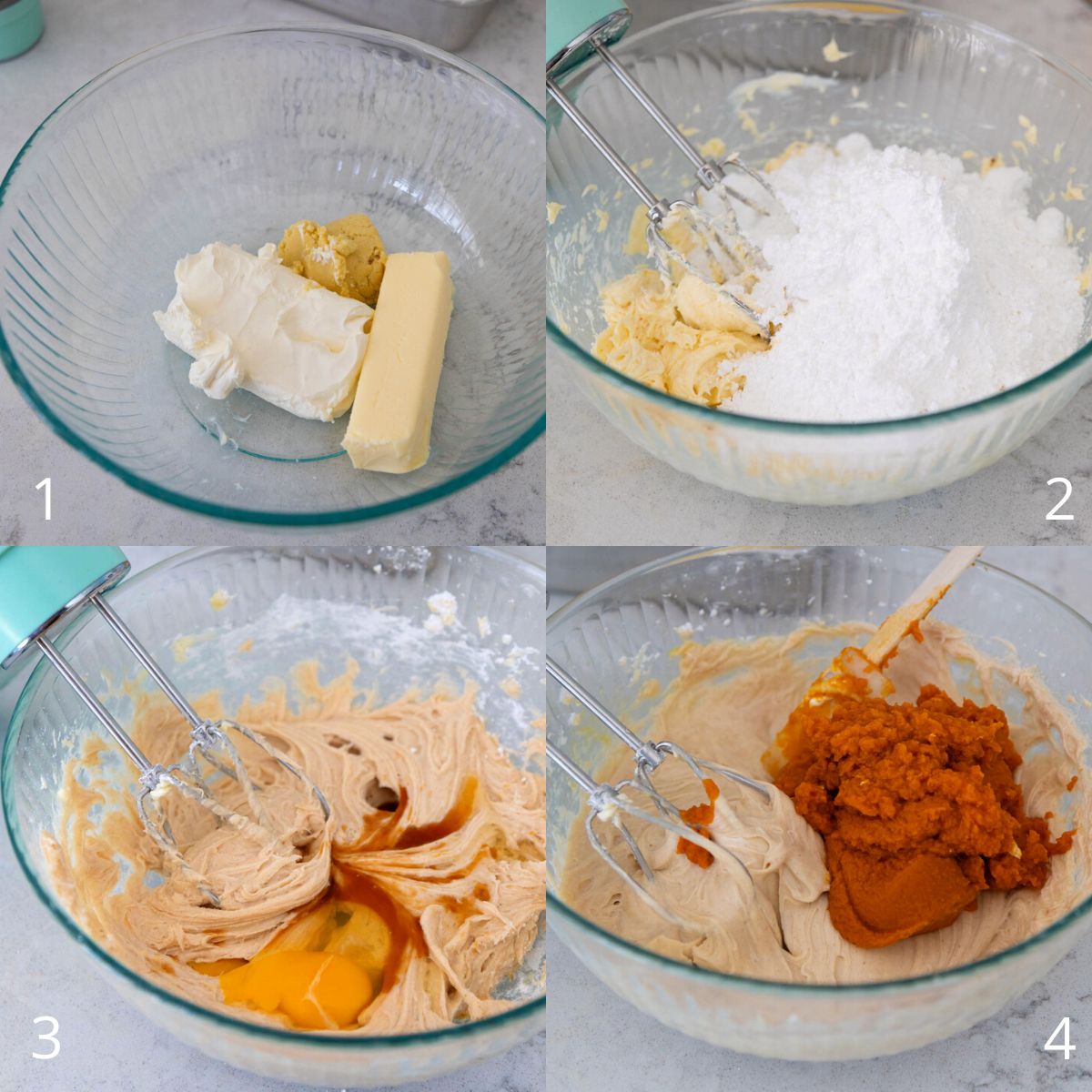 The step by step photos show how to mix together the butter, powdered sugar, spices, and pumpkin puree to form the pumpkin filling.