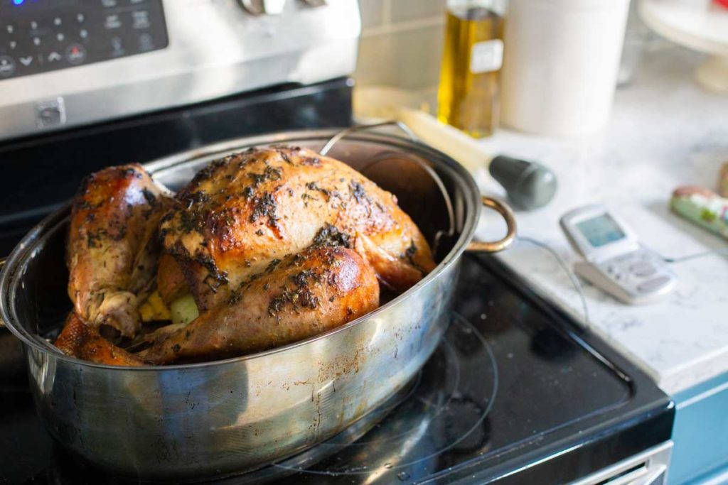 A roasted turkey sits in a roasting pan on the stovetop.