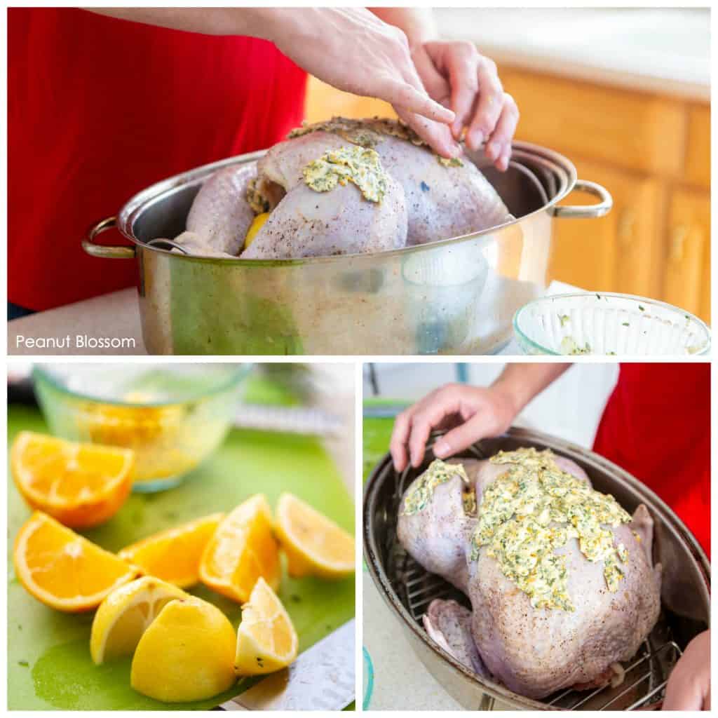 How to pat herb butter on a turkey for a holiday roast.