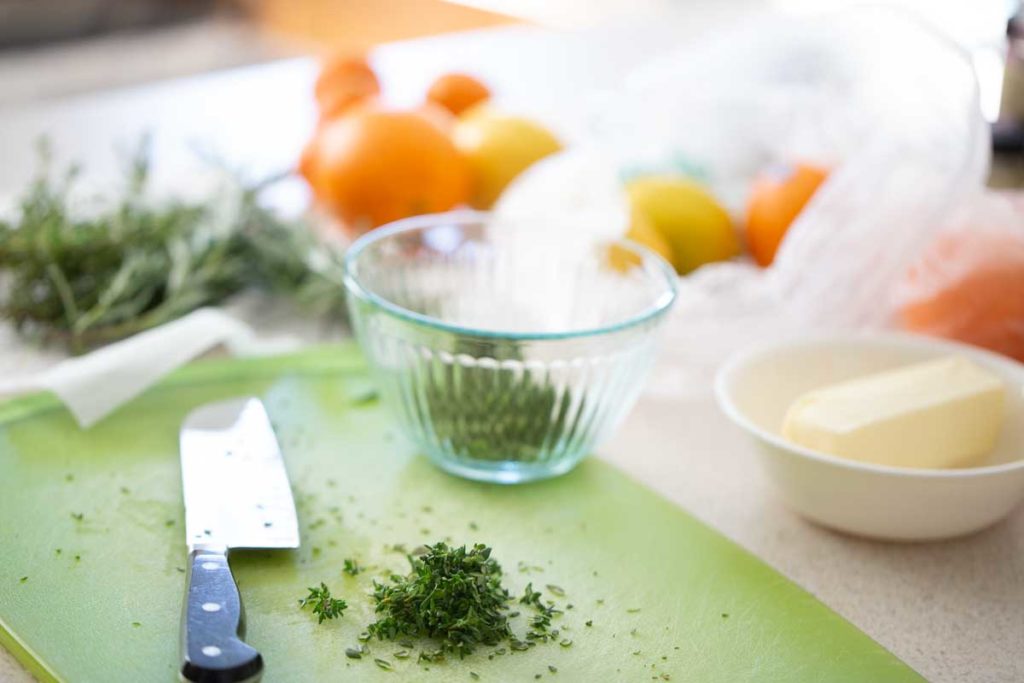 The ingredients for the herb butter turkey recipe are on the counter.