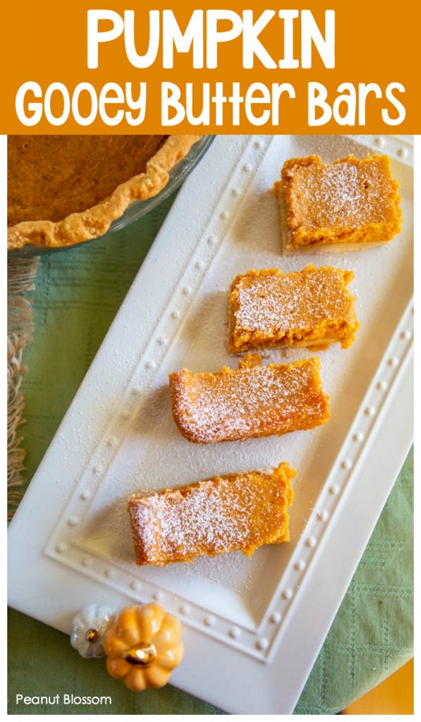 These pumpkin gooey butter cake bars are the perfect make-ahead Thanksgiving dessert to bring on the road with you.
