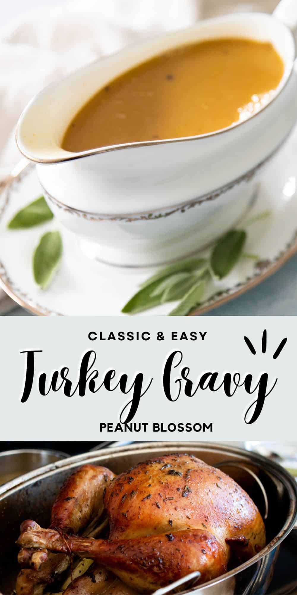 The photo collage shows the turkey gravy in a gravy boat next to a photo of the roasted turkey used to make it.