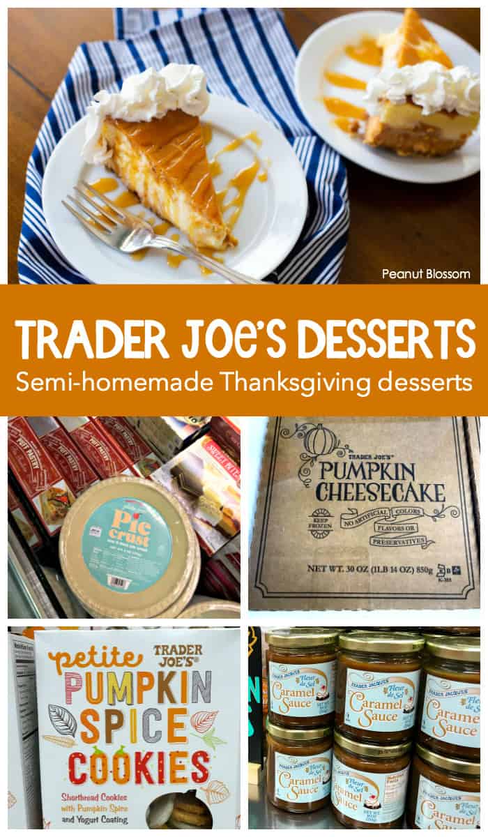 The photo collage shows a Trader Joe's cheesecake with caramel sauce drizzled over the top, the refridgerated case with a pie crust, and a box of pumpkin cheesecake.