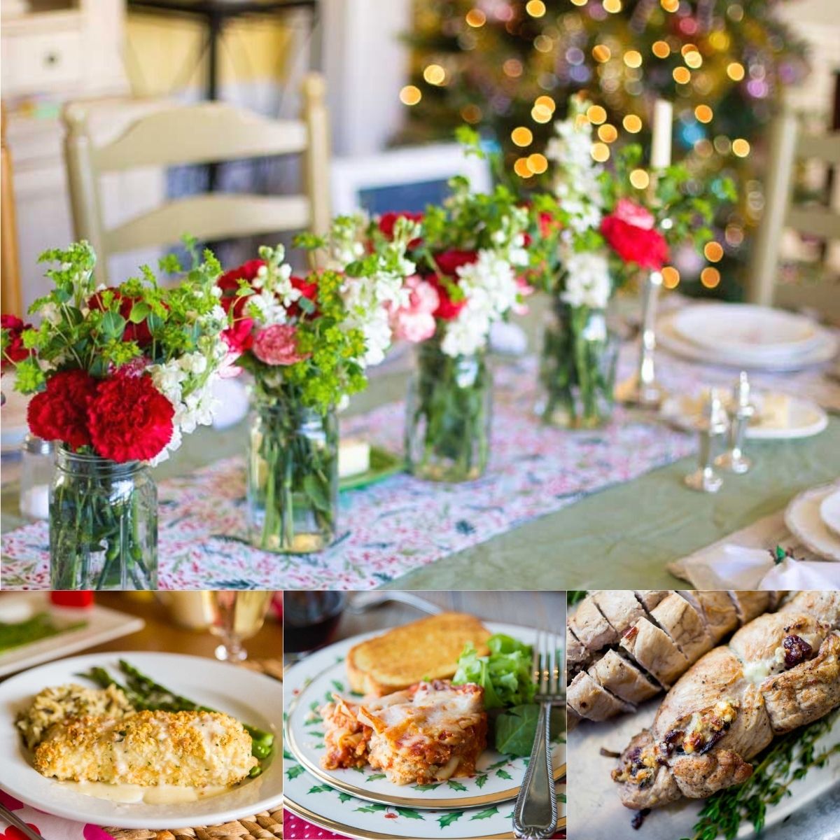 A family table is set with fresh flowers for Christmas dinner, a Christmas tree twinkles in the background.