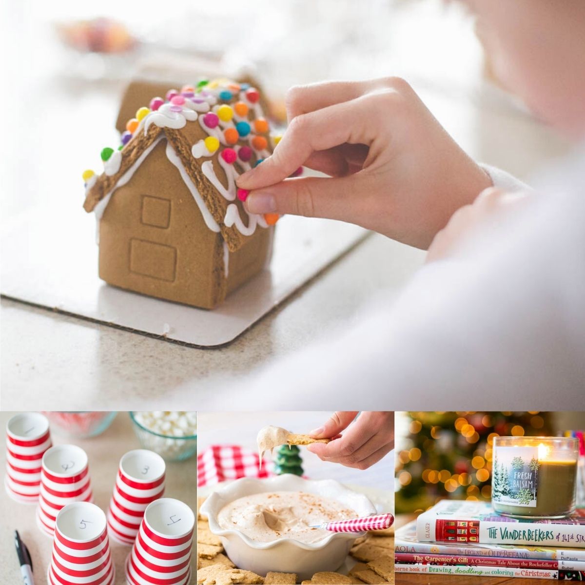A young girl decorates a gingerbread house, the other photos show the fun ideas to do with families for Christmas Eve.