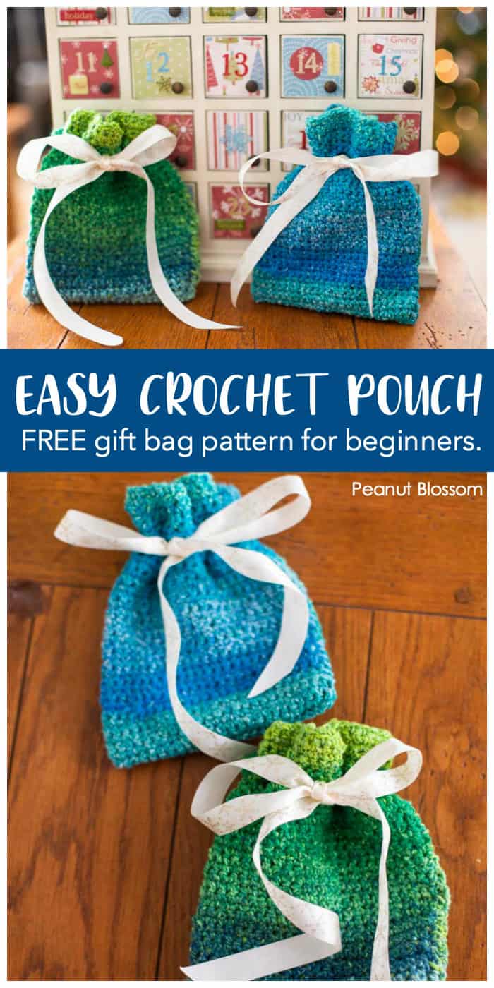 Easy crochet pouch: Free gift bag pattern for beginners. Both a green and blue tie-close crochet pouch are perfect for hiding small gifts.