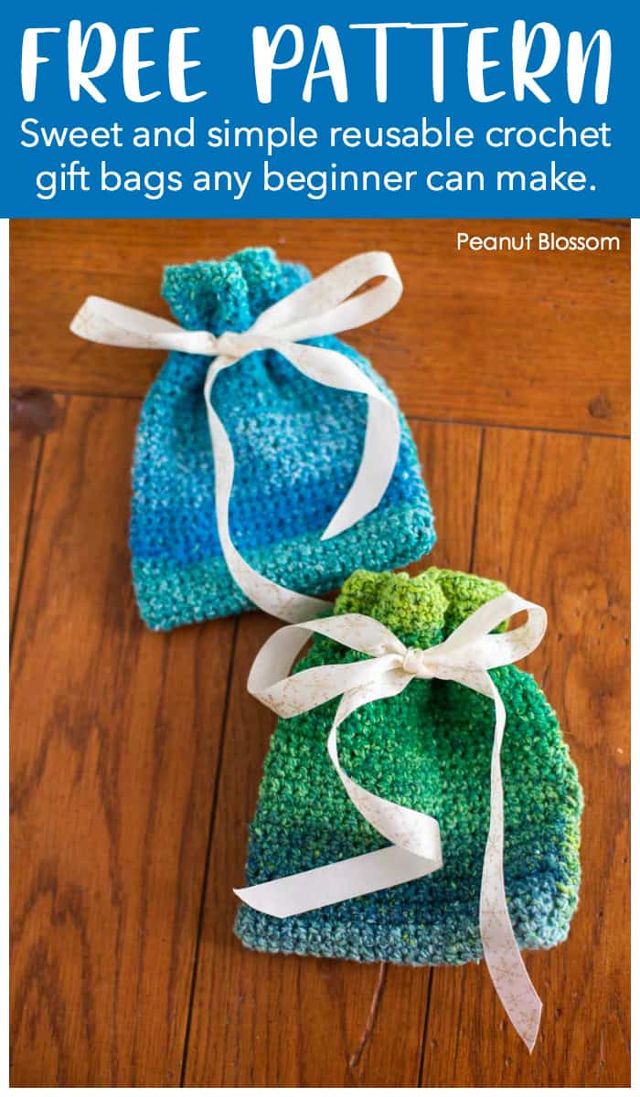 FREE PATTERN: Sweet and simple reusable crochet gift bags and beginner can make. The examples include this adorable blue pouch and a green striped pouch.