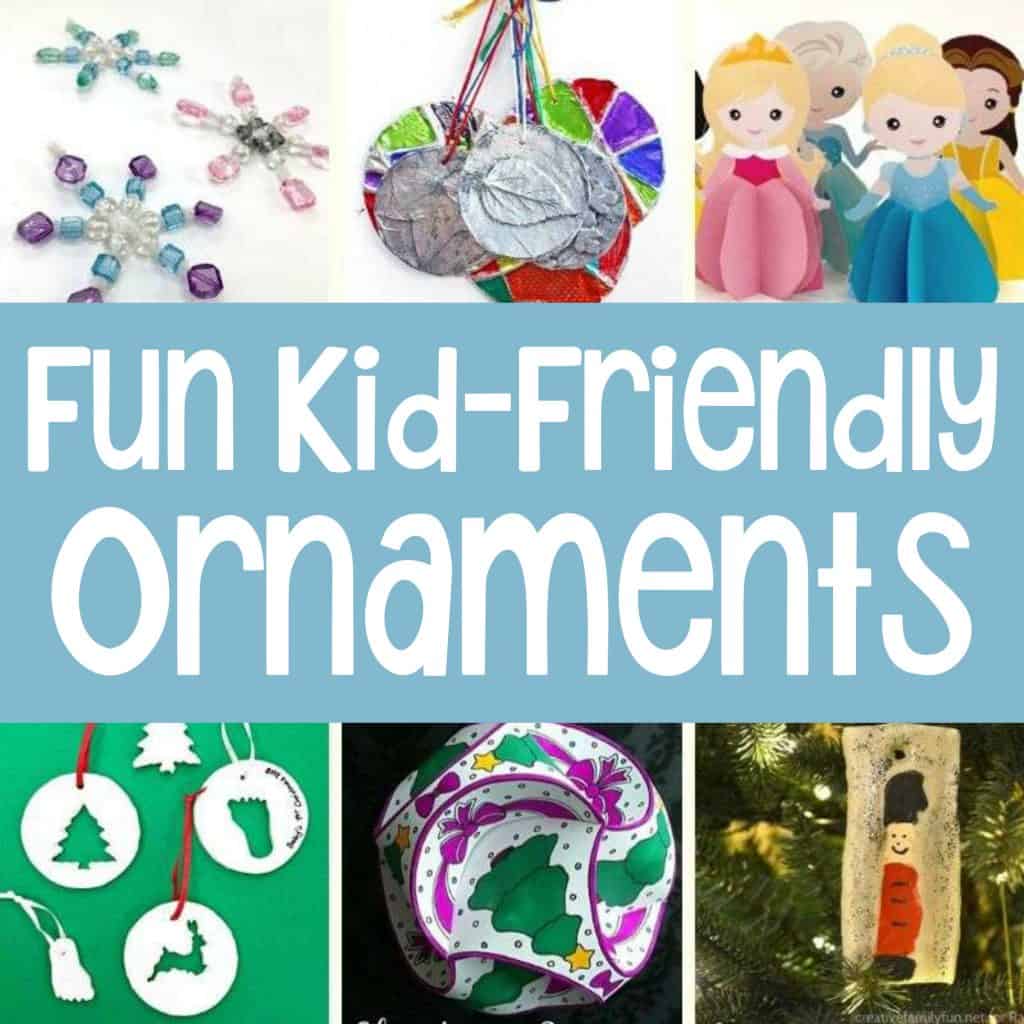 Fun examples of homemade ornaments for kids: beaded snowflakes, paper Disney princess ornaments, fingerprint ornaments, and die-cuts.