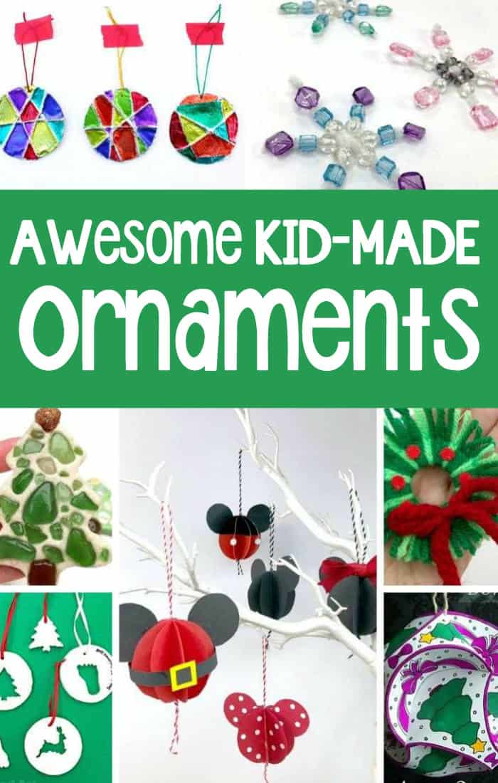 Awesome examples of homemade ornaments for kids to make include foil mandalas, beaded snowflakes, beaded Christmas trees, paper Mickey ear ornaments, and yarn wreath ornaments.