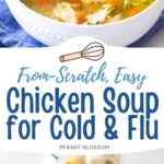 The bowl of chicken soup is in a photo collage next to the photo of the ingredients needed to make it.
