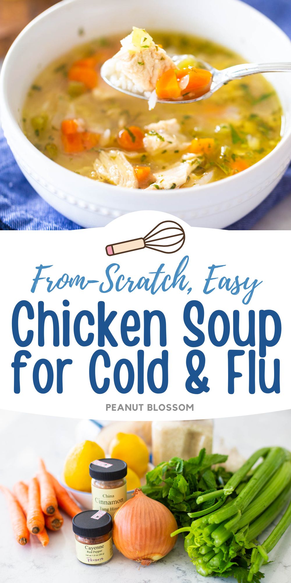 The bowl of chicken soup is in a photo collage next to the photo of the ingredients needed to make it.