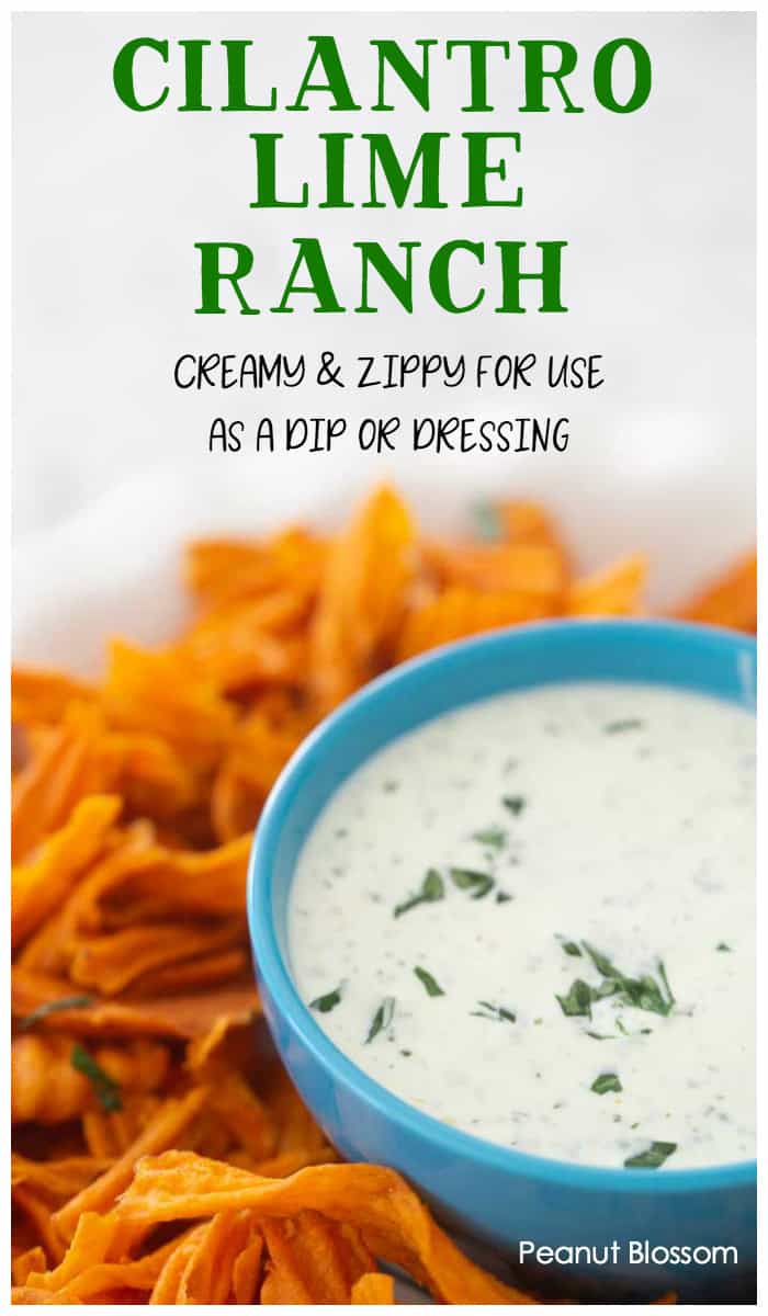 A bowl of cilantro lime ranch is on a plate with sweet potato chips.