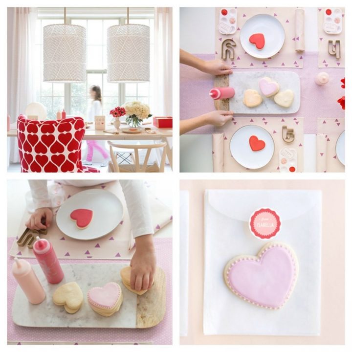 A collage of party decorations and ideas for hosting a Valentine's Day cookie decorating party.