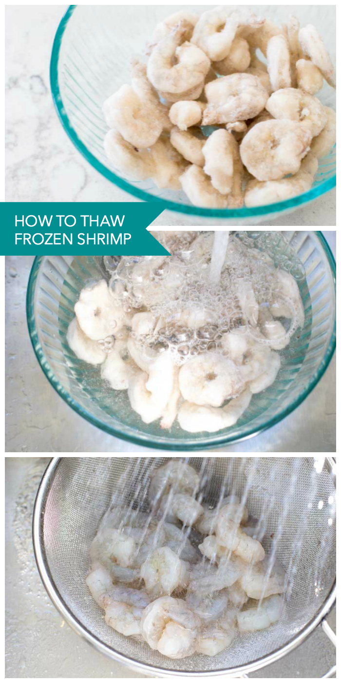 Step by step instructions for thawing frozen shrimp.