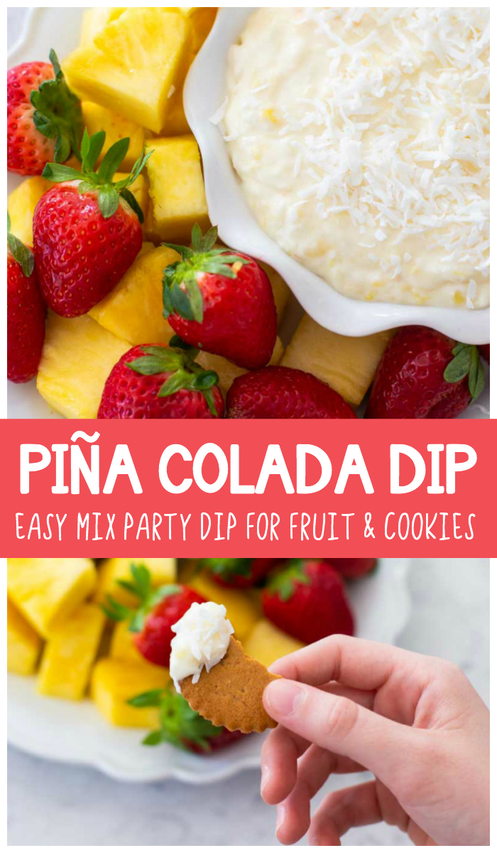 Piña Colada Dip, an easy mix party dip for fruit & cookies, is in a ruffled bowl surrounded by fresh pineapples and strawberries. 