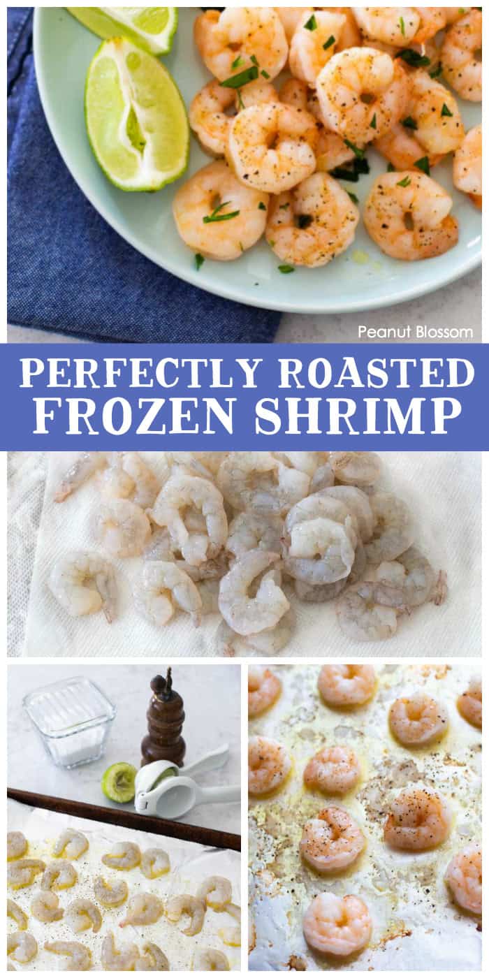 Perfectly roasted frozen shrimp: Step-by-step photo shows how to take the shrimp from frozen, to prepared for the oven, to the pretty plated finished dish.