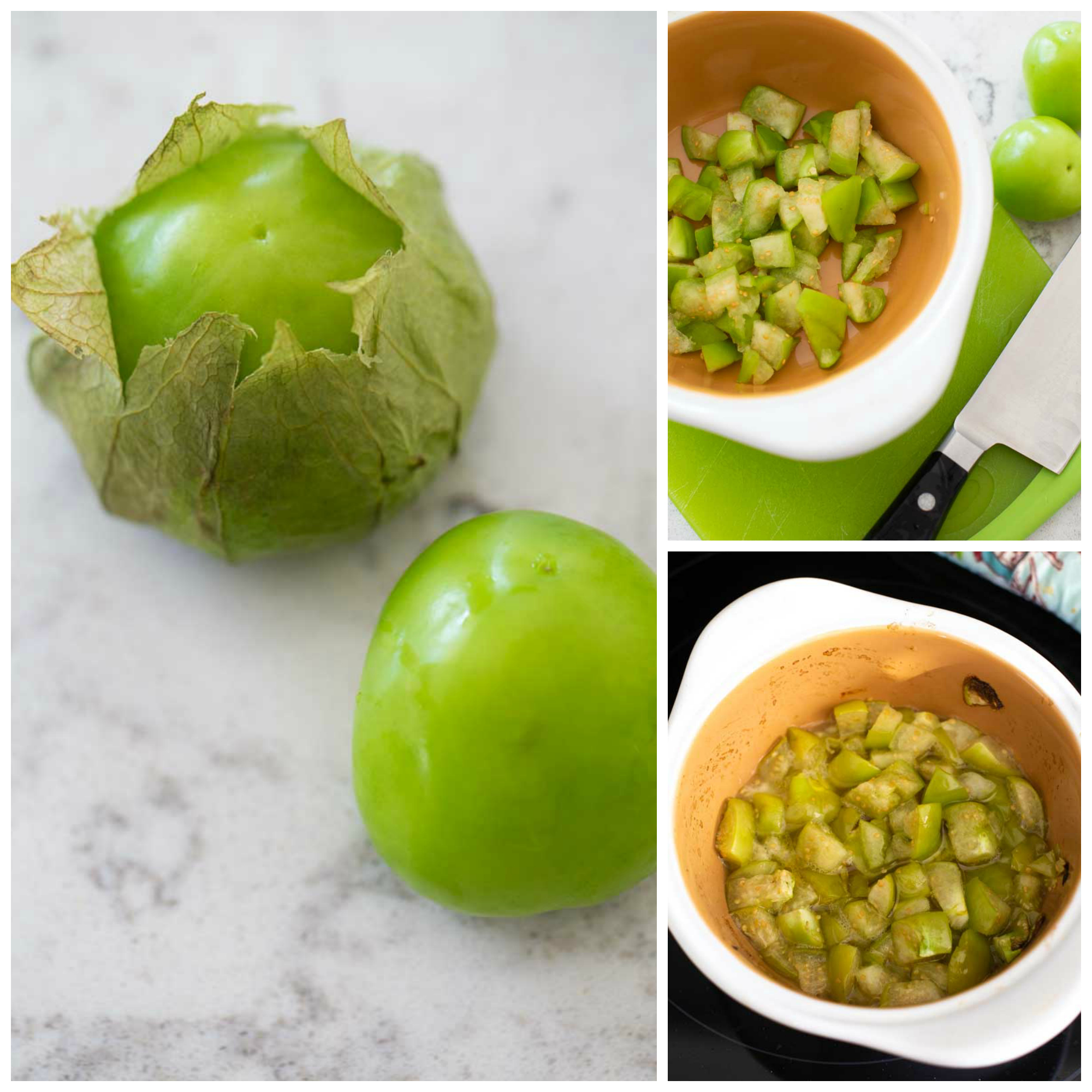 The photo collage shows the tomatillos being chopped and roasted.