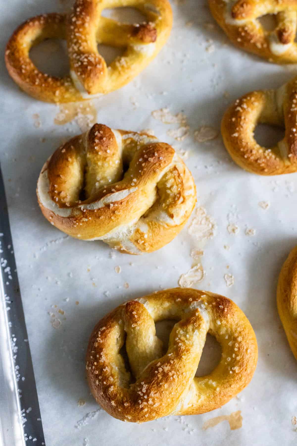 The golden brown pretzels are fresh from the oven.