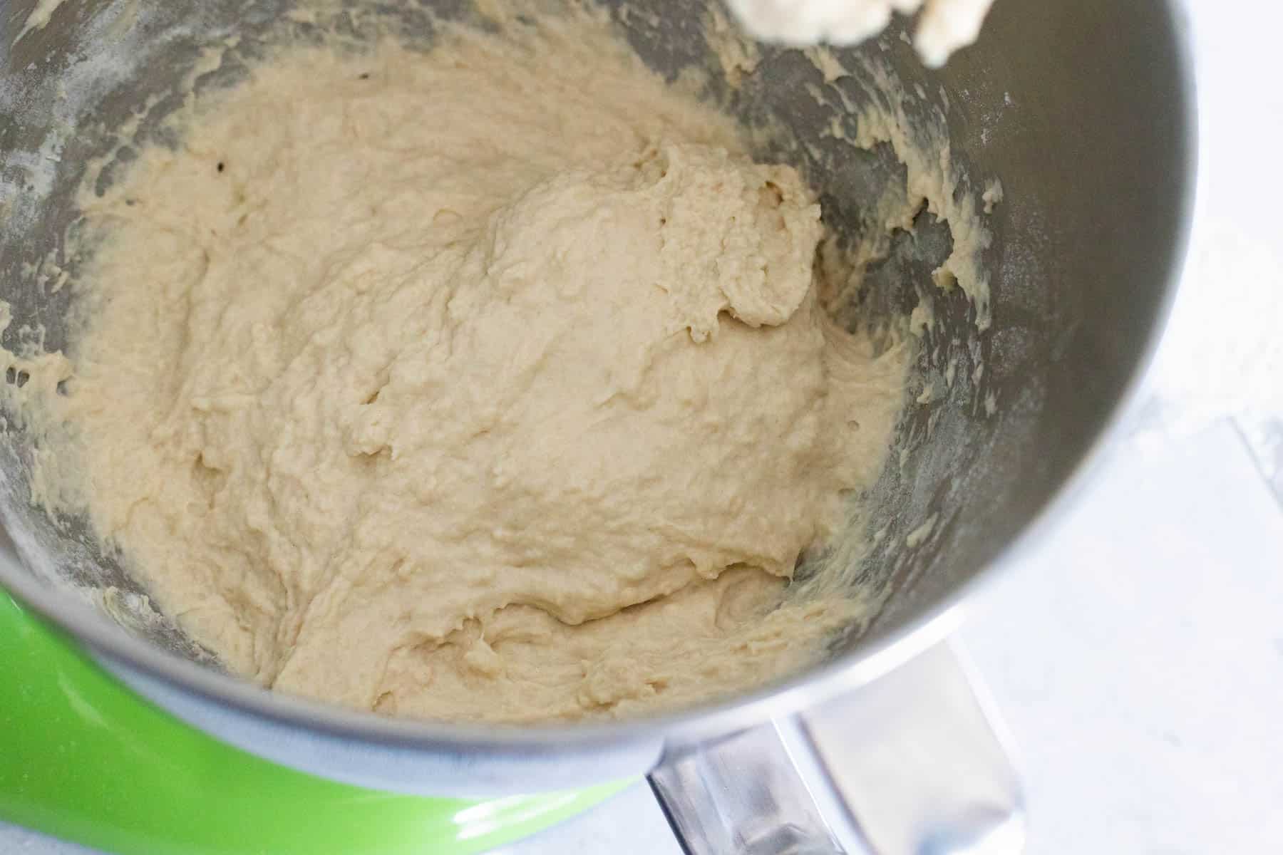 The pretzel dough is far too wet and clinging to the sides of the bowl.