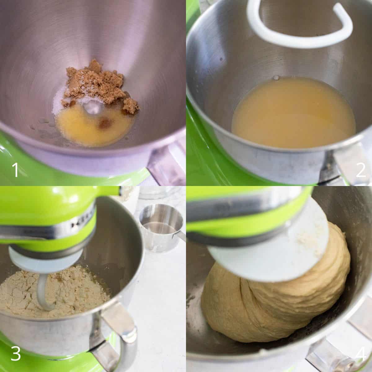 The step by step photos show how to mix the pretzel dough in a stand mixer.