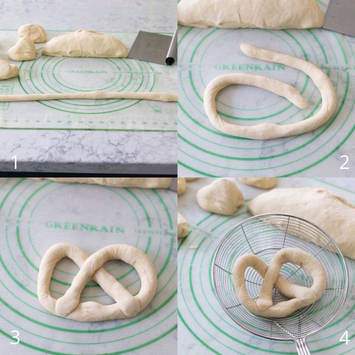 The step by step photos show how to cut the dough into portions and shape it into pretzels.