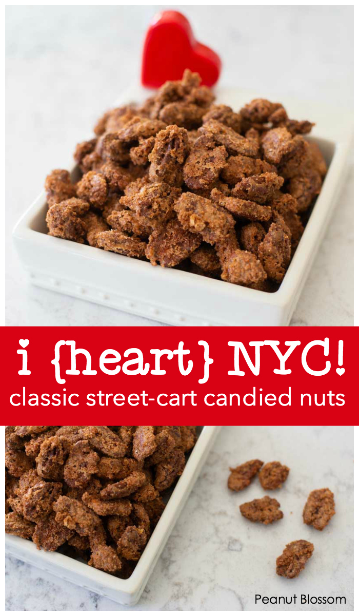 I {heart} NYC! Classic street-cart candied nuts in a candy dish with a red heart.