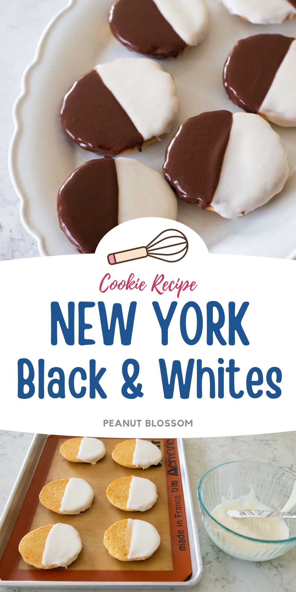 The photo collage shows the finished black and white cookies on a platter next to a photo of them being iced with the white icing.