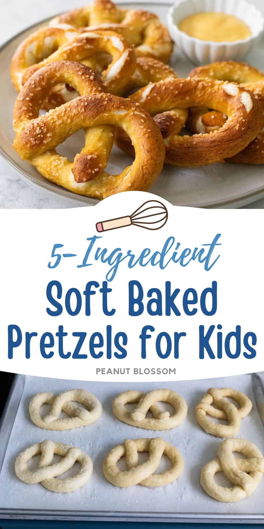 The baked pretzels on a plate next to a photo of them assembled on a baking pan ready for the oven.