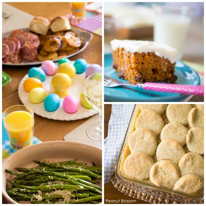 A photo collage shows a variety of dishes for Easter dinner including ham, asparagus, biscuits, and carrot cake.