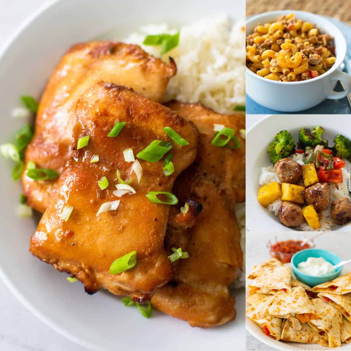 A photo collage shows several easy pantry dinners. 