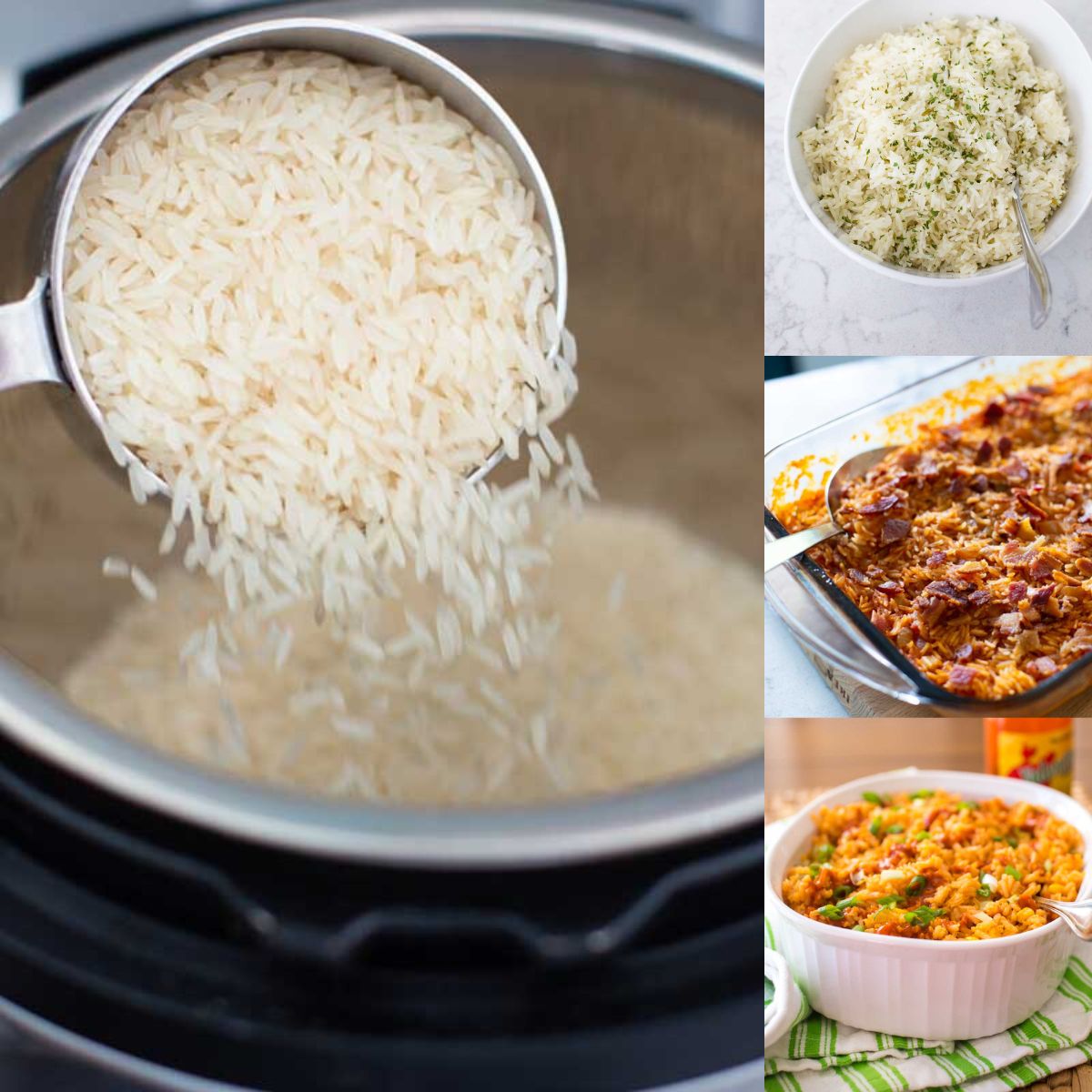 A photo collage shows a scoop of rice being cooked and 3 recipes you could make.
