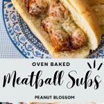 The photo collage shows the baked meatball sub on a plate next to the photo of it on the baking sheet for the oven.