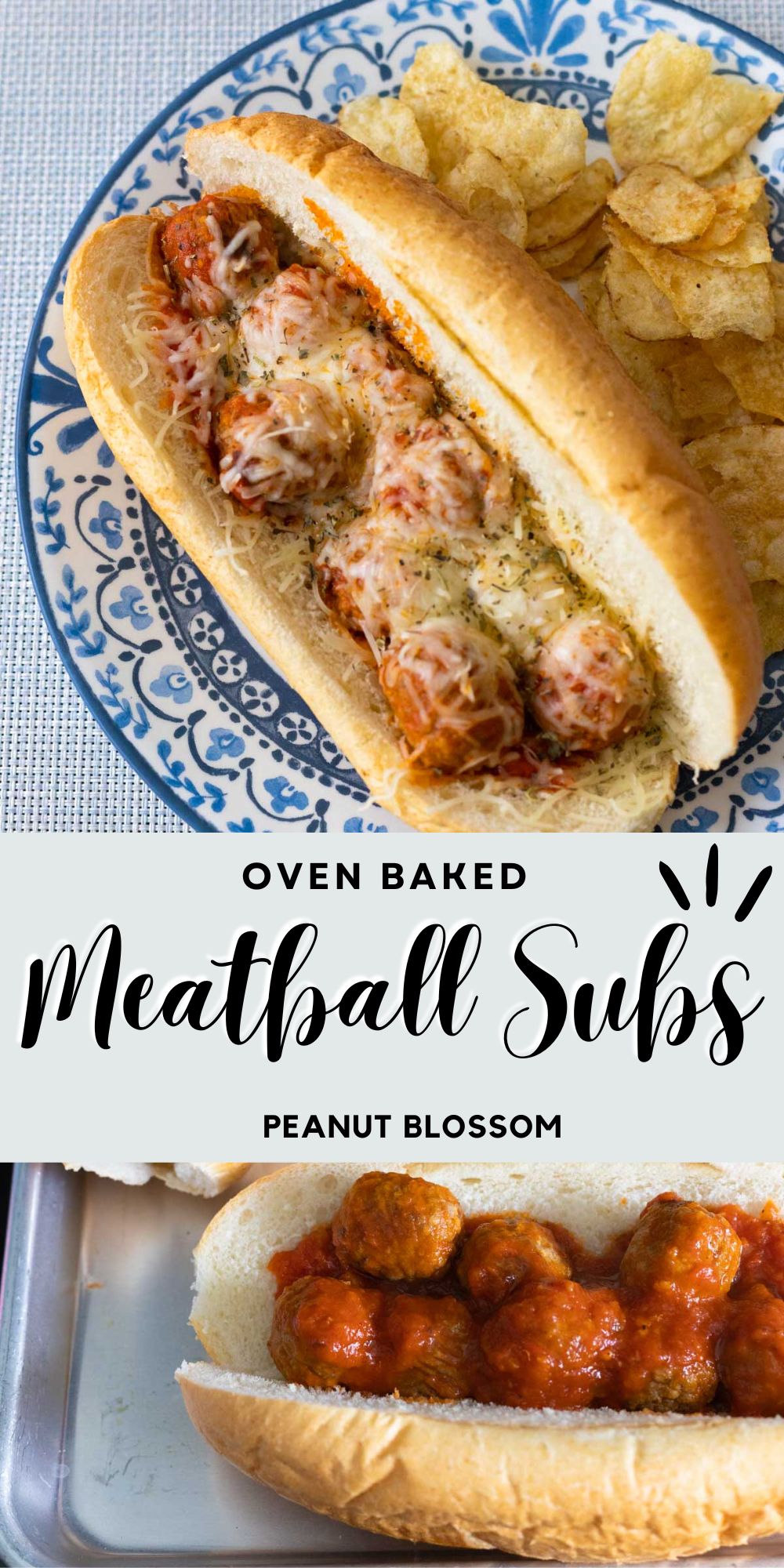 The photo collage shows the baked meatball sub on a plate next to the sub on a baking sheet for the oven.