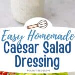 The photo collage shows a mason jar of salad dressing next to a photo of a bowl of prepared lettuce.